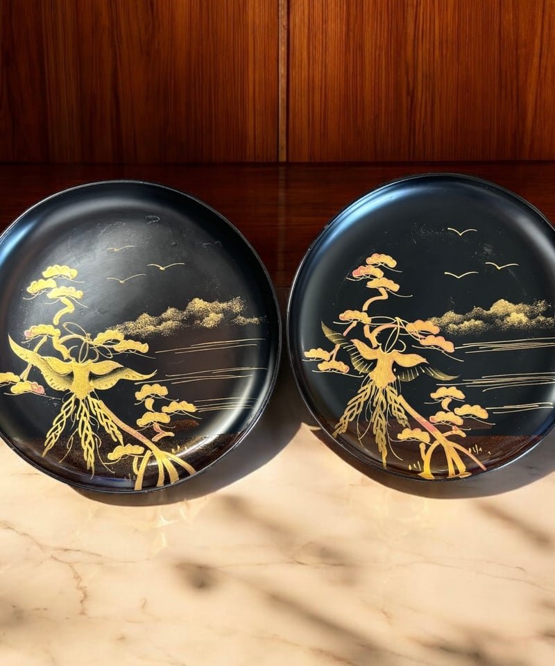 2客セット】時代蒔絵 [鳥松風景絵] 黒漆 金蒔絵 漆芸 漆 丸皿 平皿