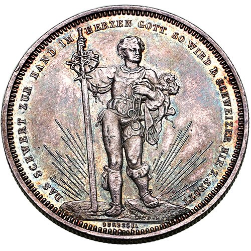 スイス 1879年銘 5フランケン 記念 大型 銀貨 バーゼル 射撃祭シリーズ